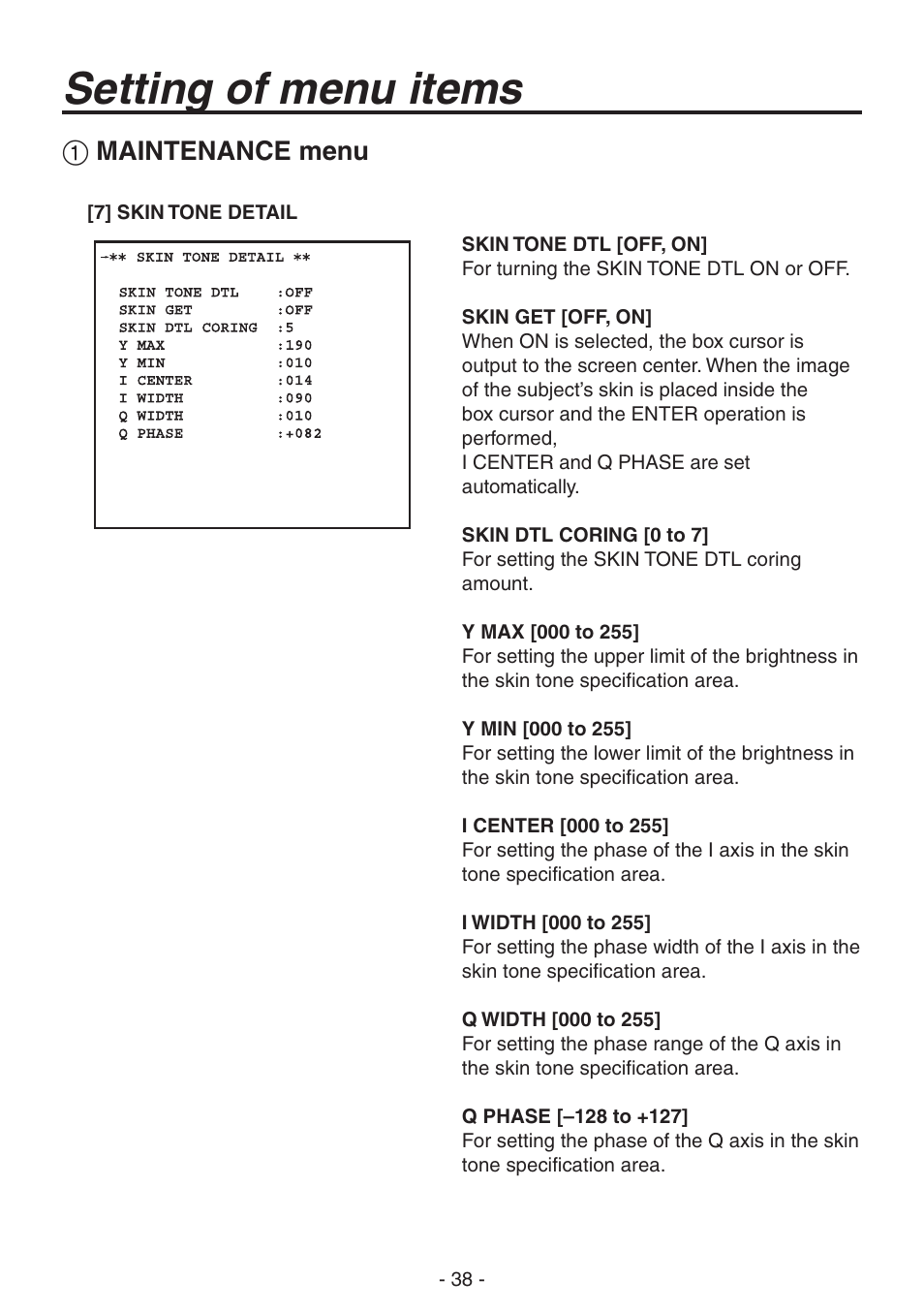 Setting of menu items, Maintenance menu | Panasonic AK-HC1800N User Manual | Page 12 / 41