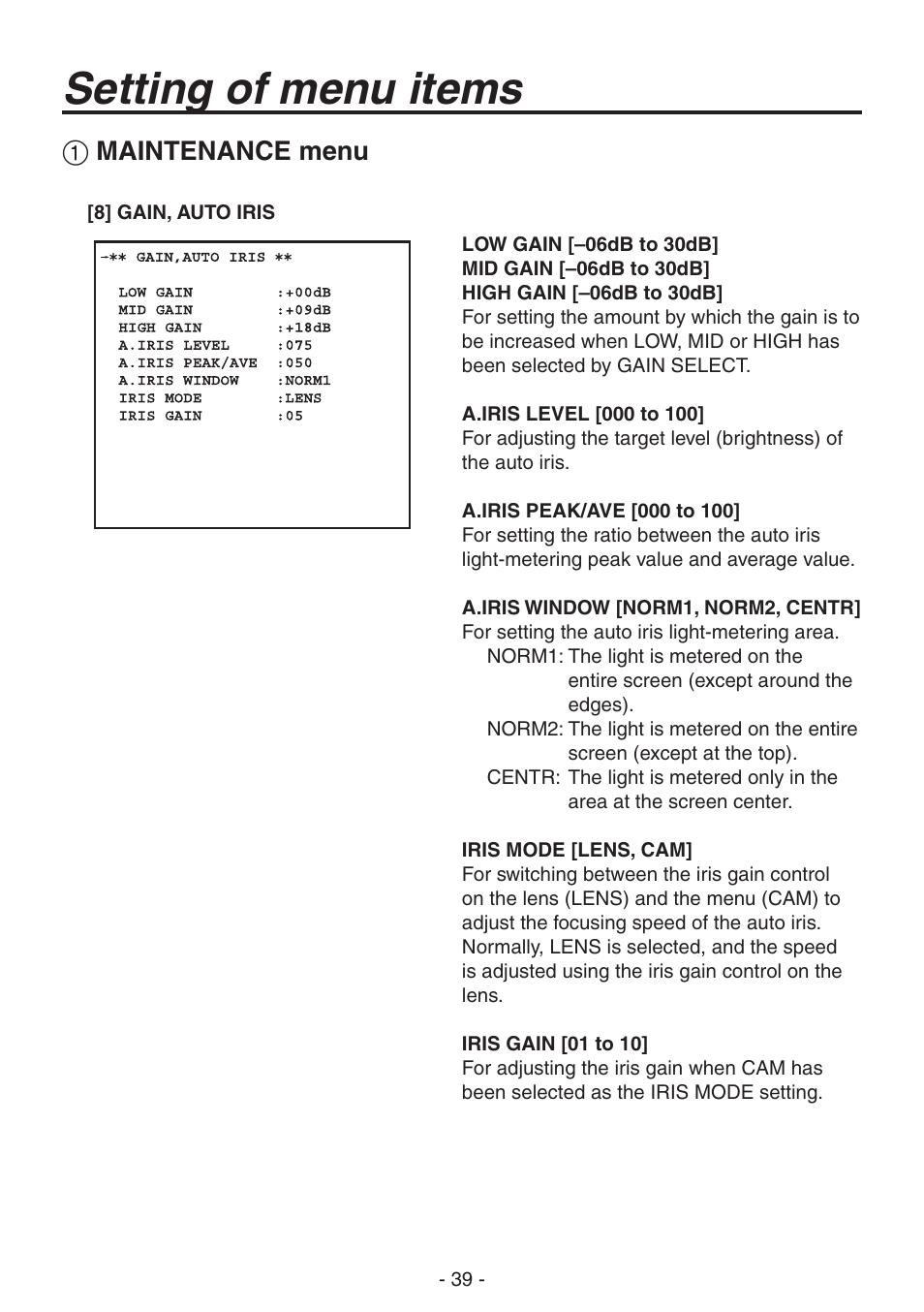 Setting of menu items, Maintenance menu | Panasonic AK-HC1800N User Manual | Page 13 / 41