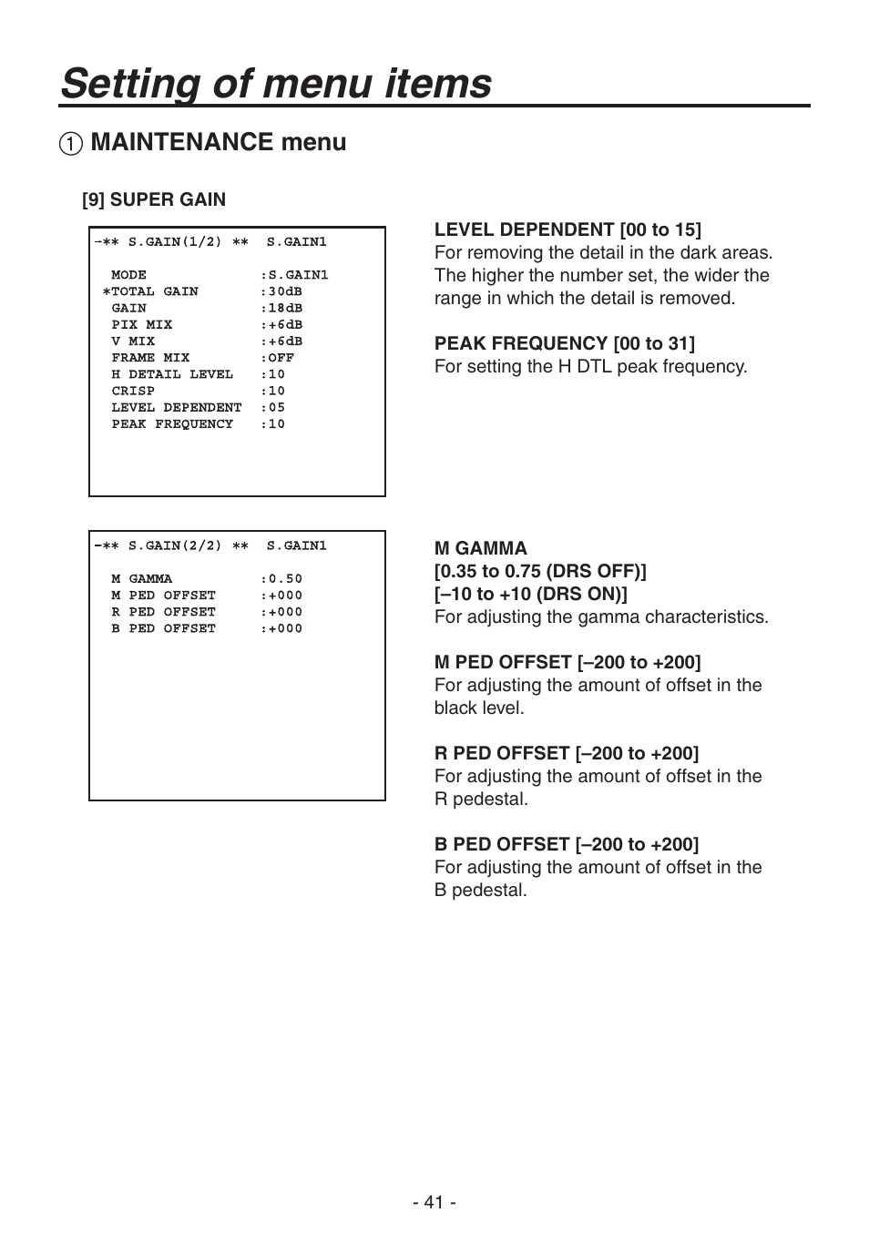 Setting of menu items, Maintenance menu | Panasonic AK-HC1800N User Manual | Page 15 / 41