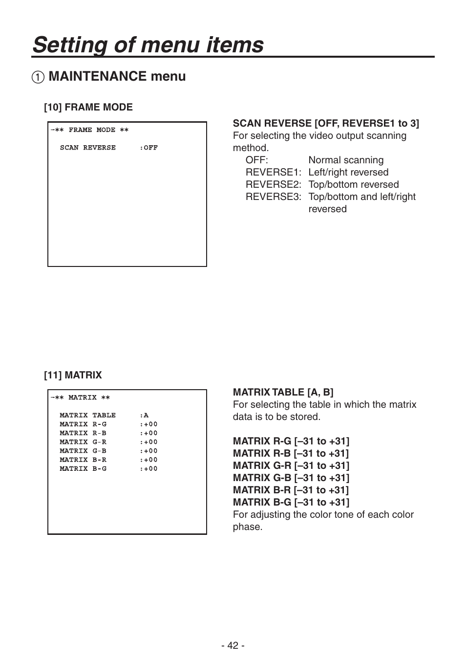 Setting of menu items, Maintenance menu | Panasonic AK-HC1800N User Manual | Page 16 / 41