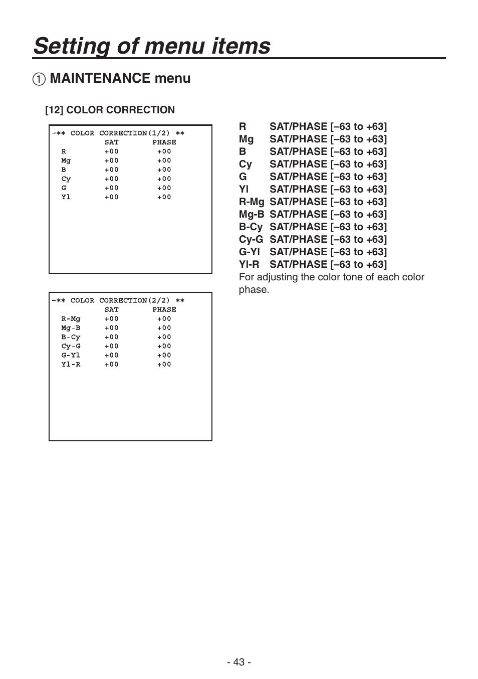 Setting of menu items, Maintenance menu | Panasonic AK-HC1800N User Manual | Page 17 / 41