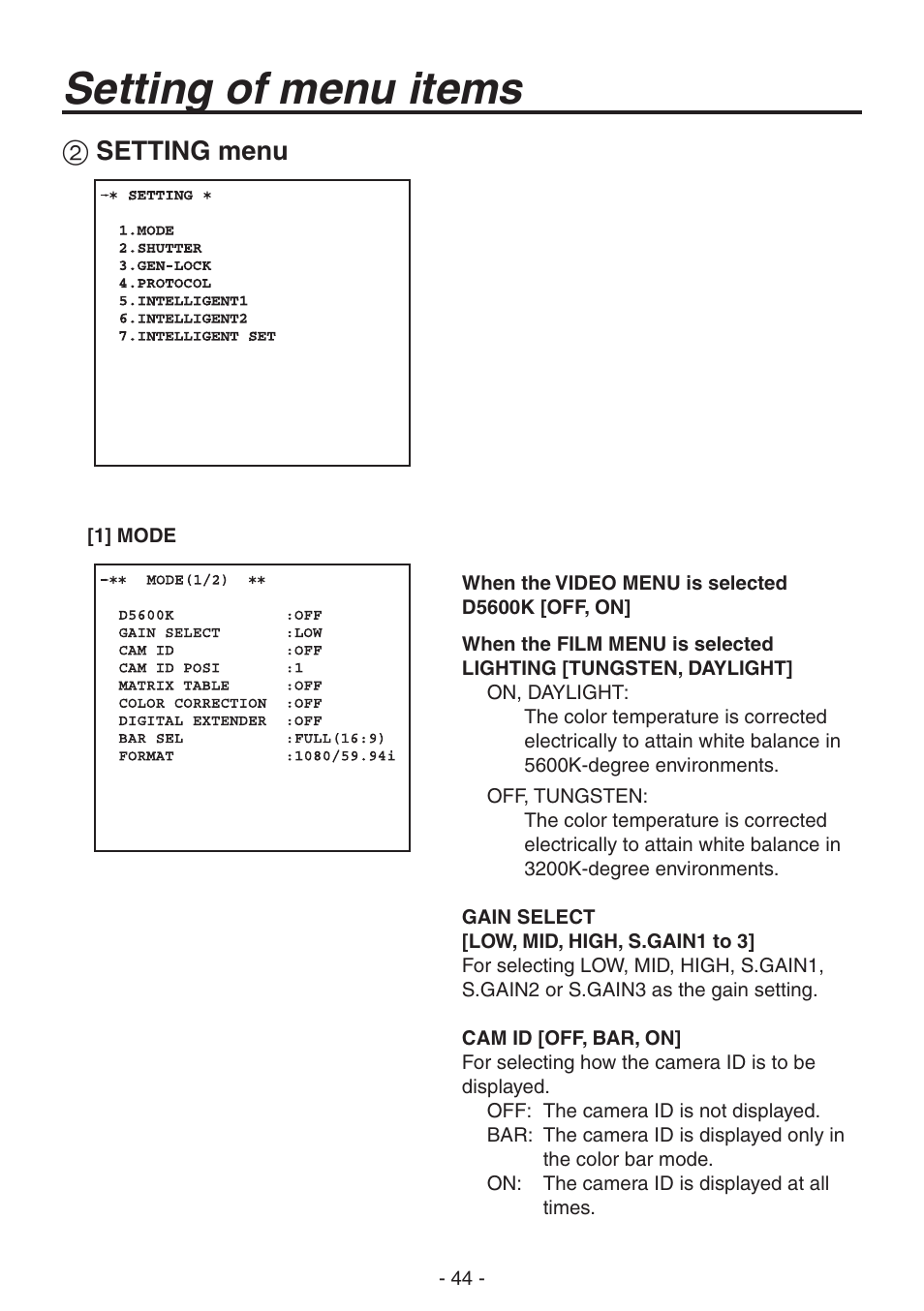 Setting menu, Setting of menu items | Panasonic AK-HC1800N User Manual | Page 18 / 41