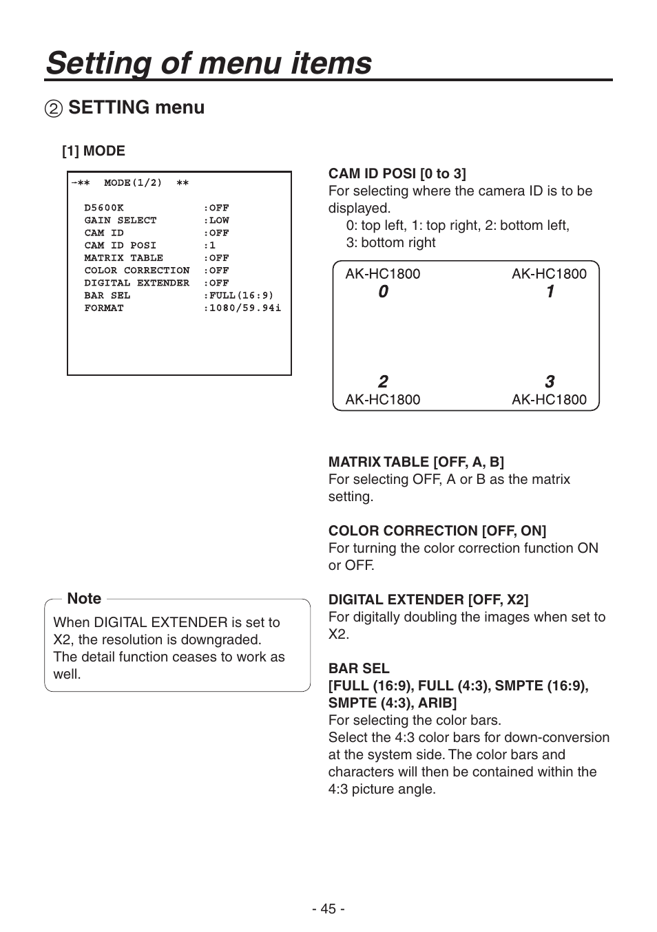 Setting of menu items, Setting menu | Panasonic AK-HC1800N User Manual | Page 19 / 41