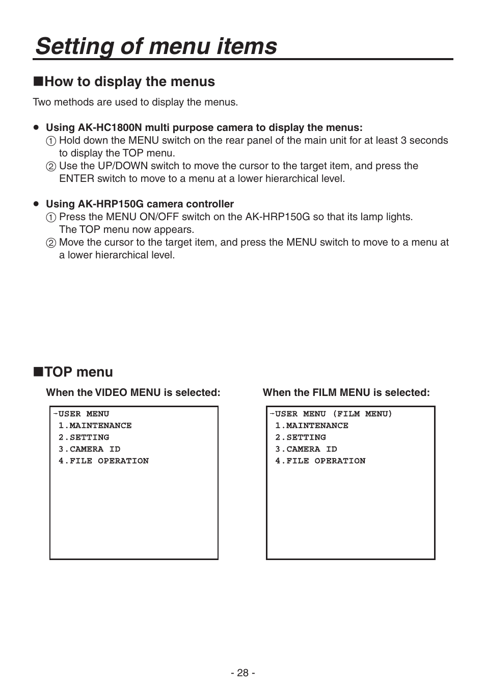 Setting of menu items, How to display the menus, Top menu | Panasonic AK-HC1800N User Manual | Page 2 / 41