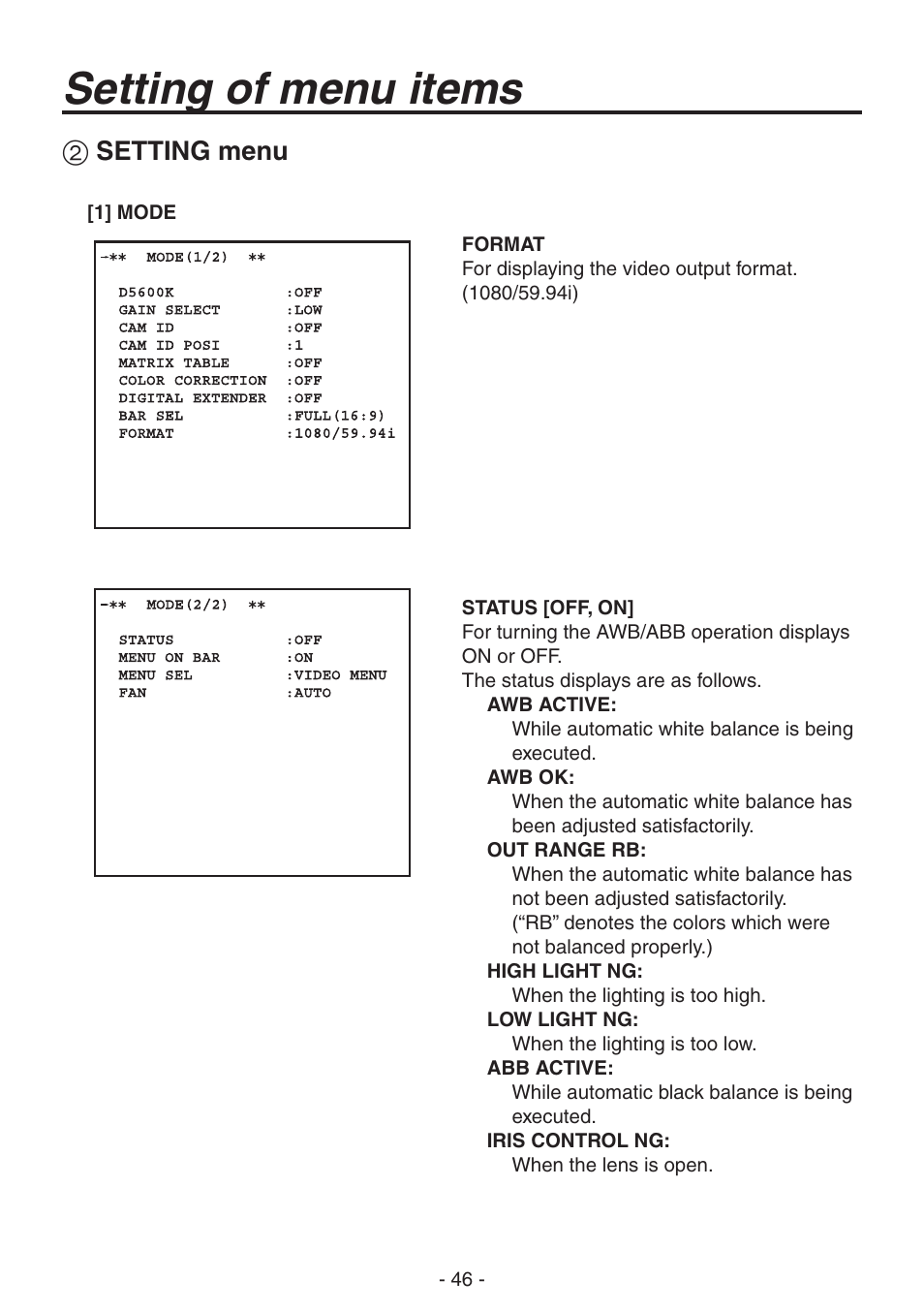 Setting of menu items, Setting menu | Panasonic AK-HC1800N User Manual | Page 20 / 41