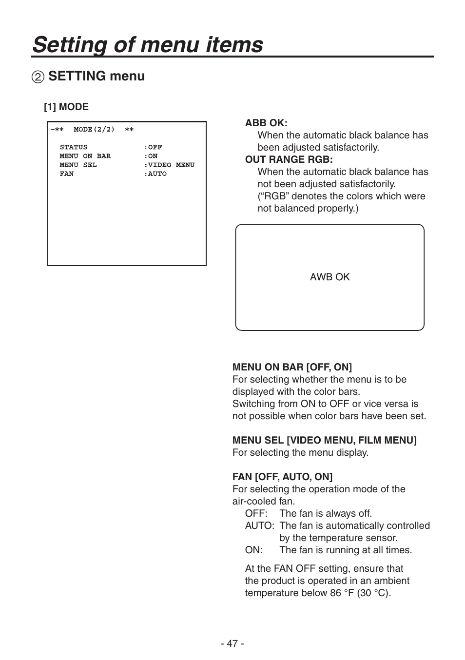 Setting of menu items, Setting menu | Panasonic AK-HC1800N User Manual | Page 21 / 41