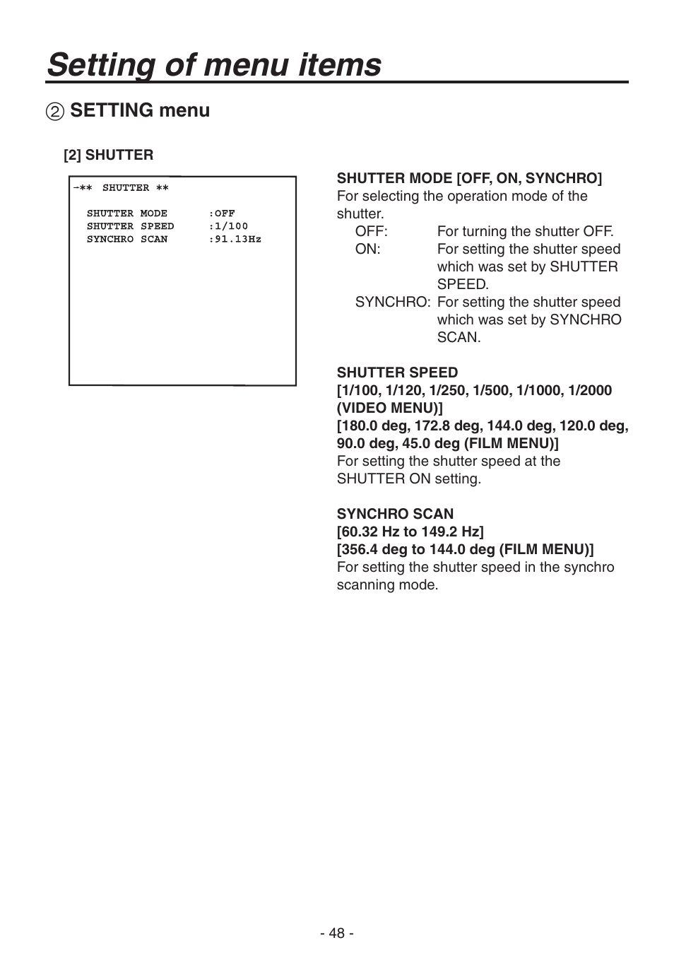 Setting of menu items, Setting menu | Panasonic AK-HC1800N User Manual | Page 22 / 41