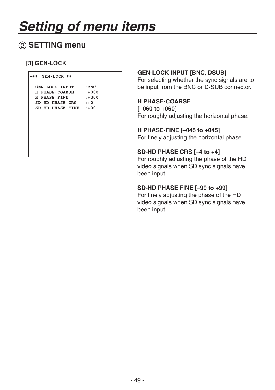 Setting of menu items | Panasonic AK-HC1800N User Manual | Page 23 / 41