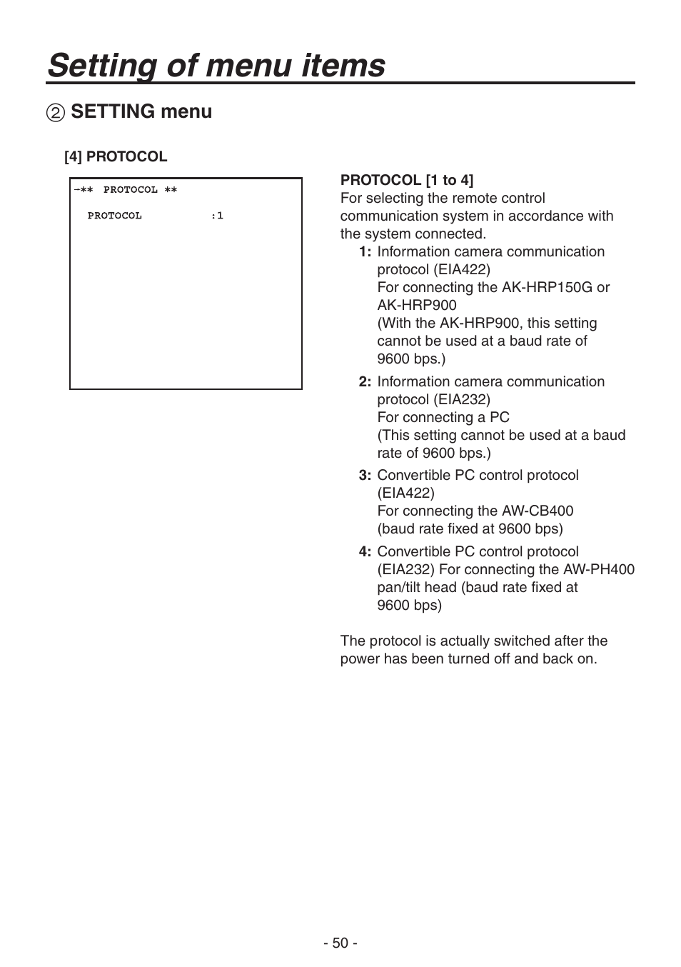 Setting of menu items, Setting menu | Panasonic AK-HC1800N User Manual | Page 24 / 41