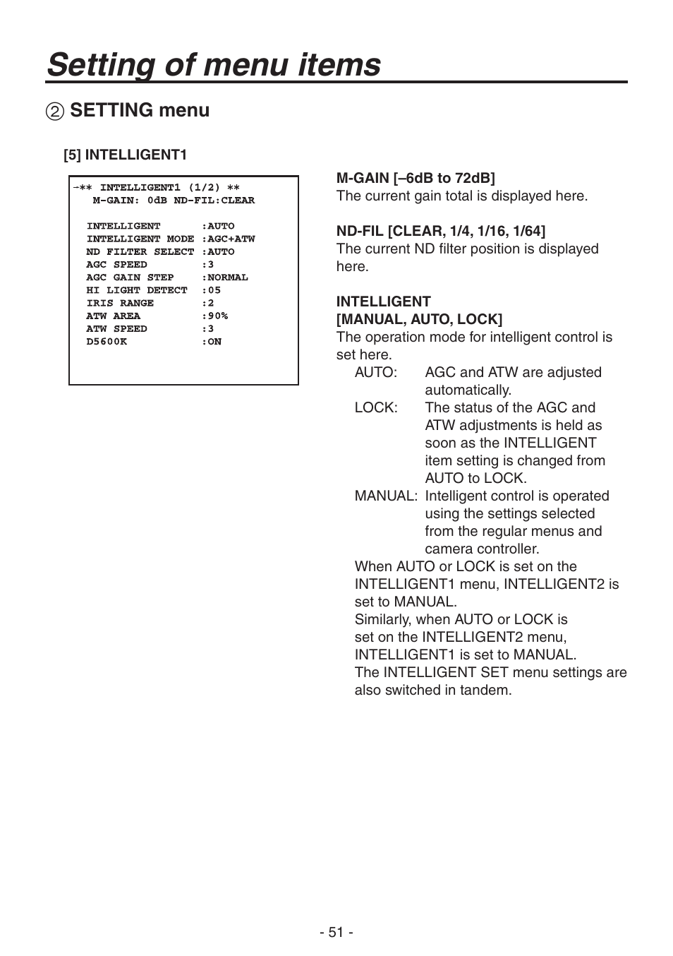 Setting of menu items, Setting menu | Panasonic AK-HC1800N User Manual | Page 25 / 41