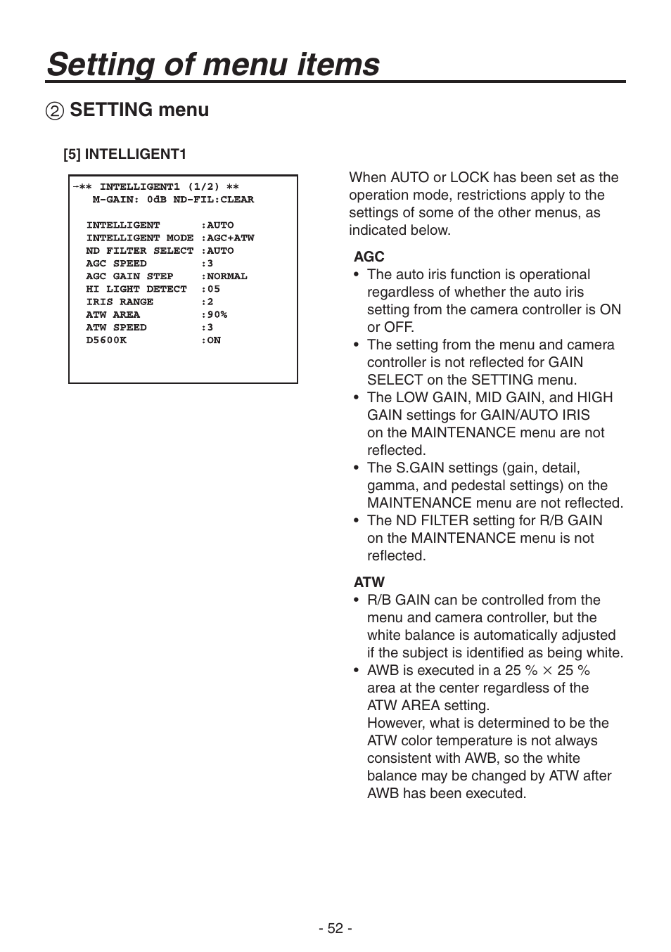 Setting of menu items, Setting menu | Panasonic AK-HC1800N User Manual | Page 26 / 41