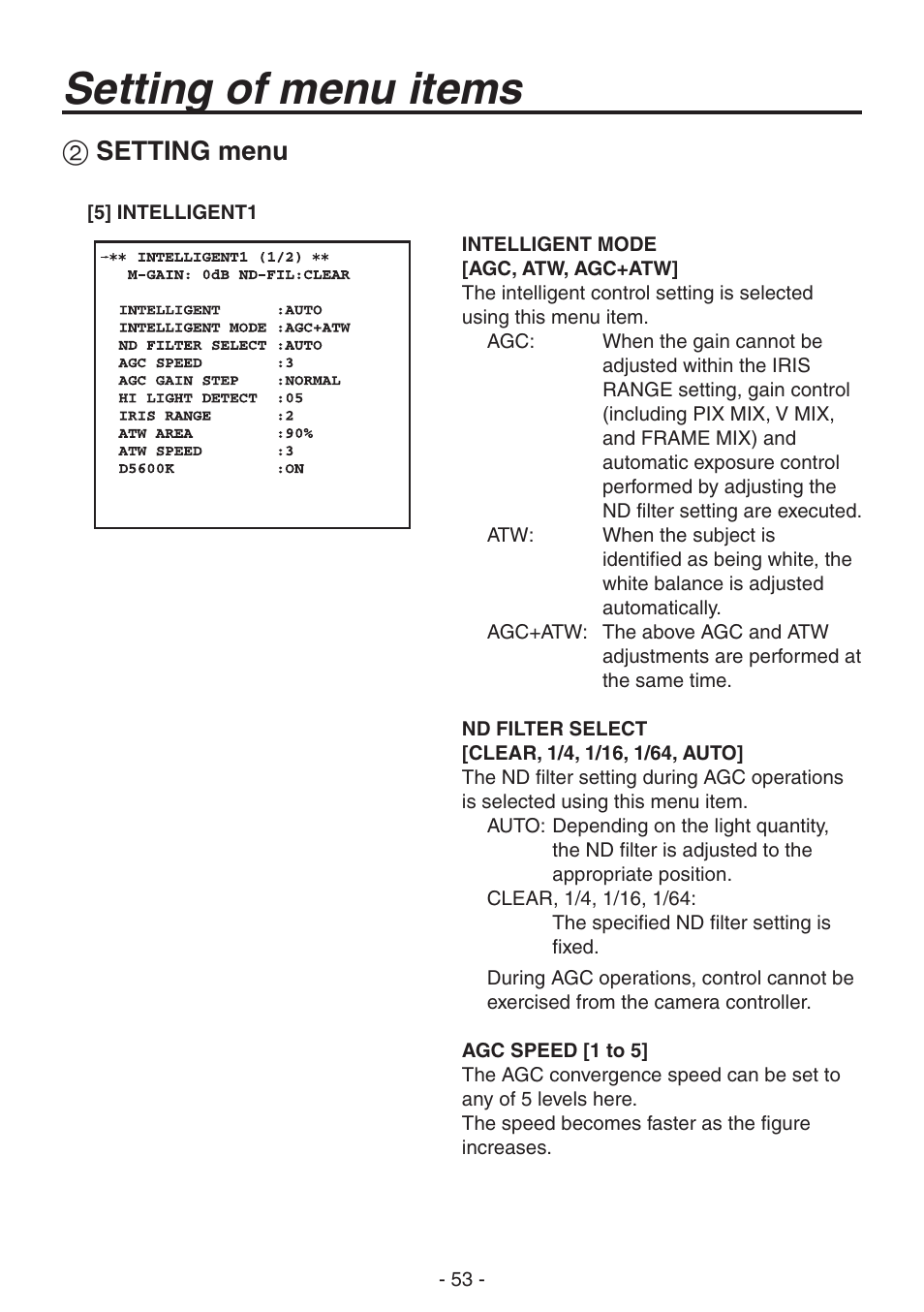 Setting of menu items, Setting menu | Panasonic AK-HC1800N User Manual | Page 27 / 41