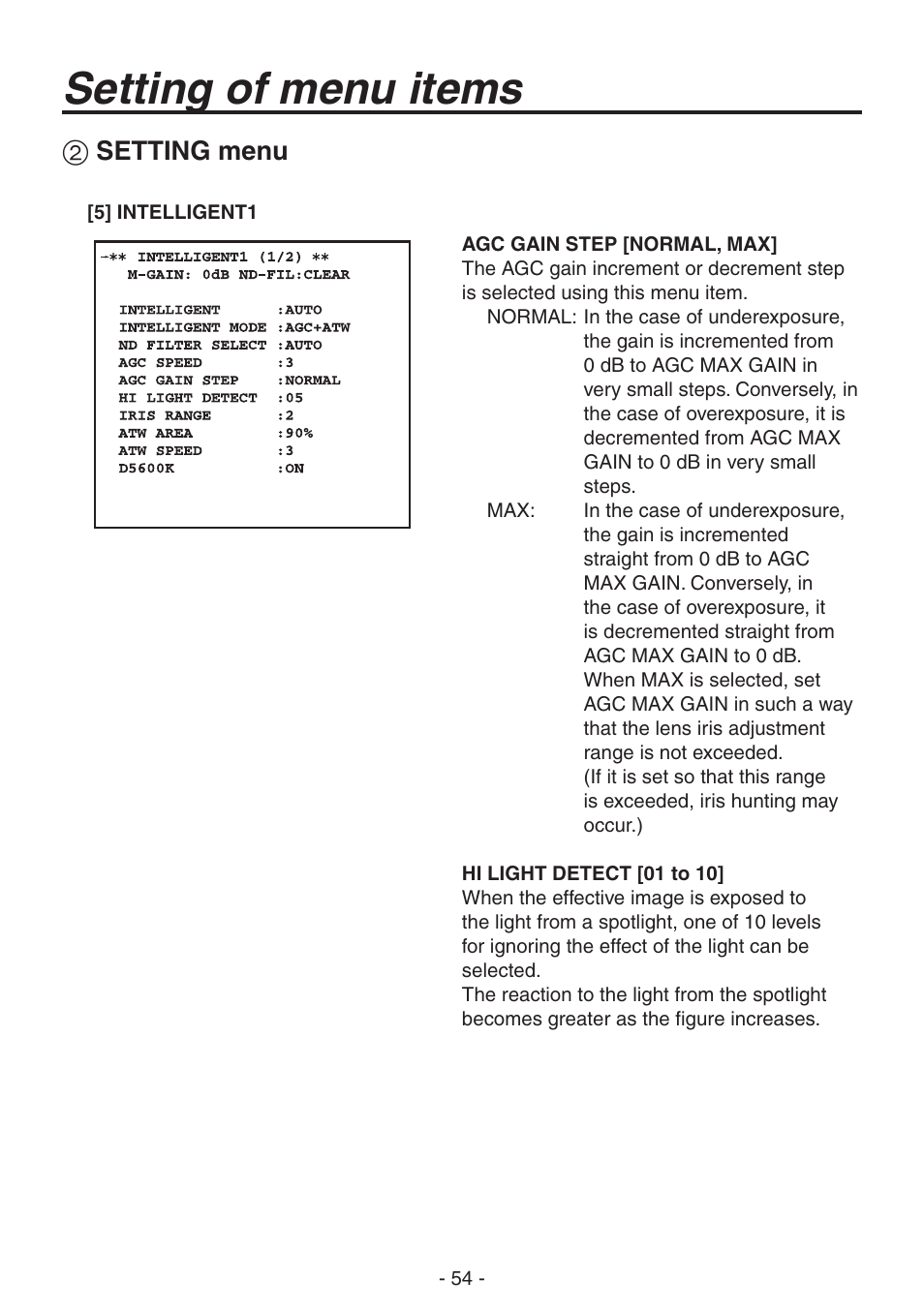 Setting of menu items, Setting menu | Panasonic AK-HC1800N User Manual | Page 28 / 41