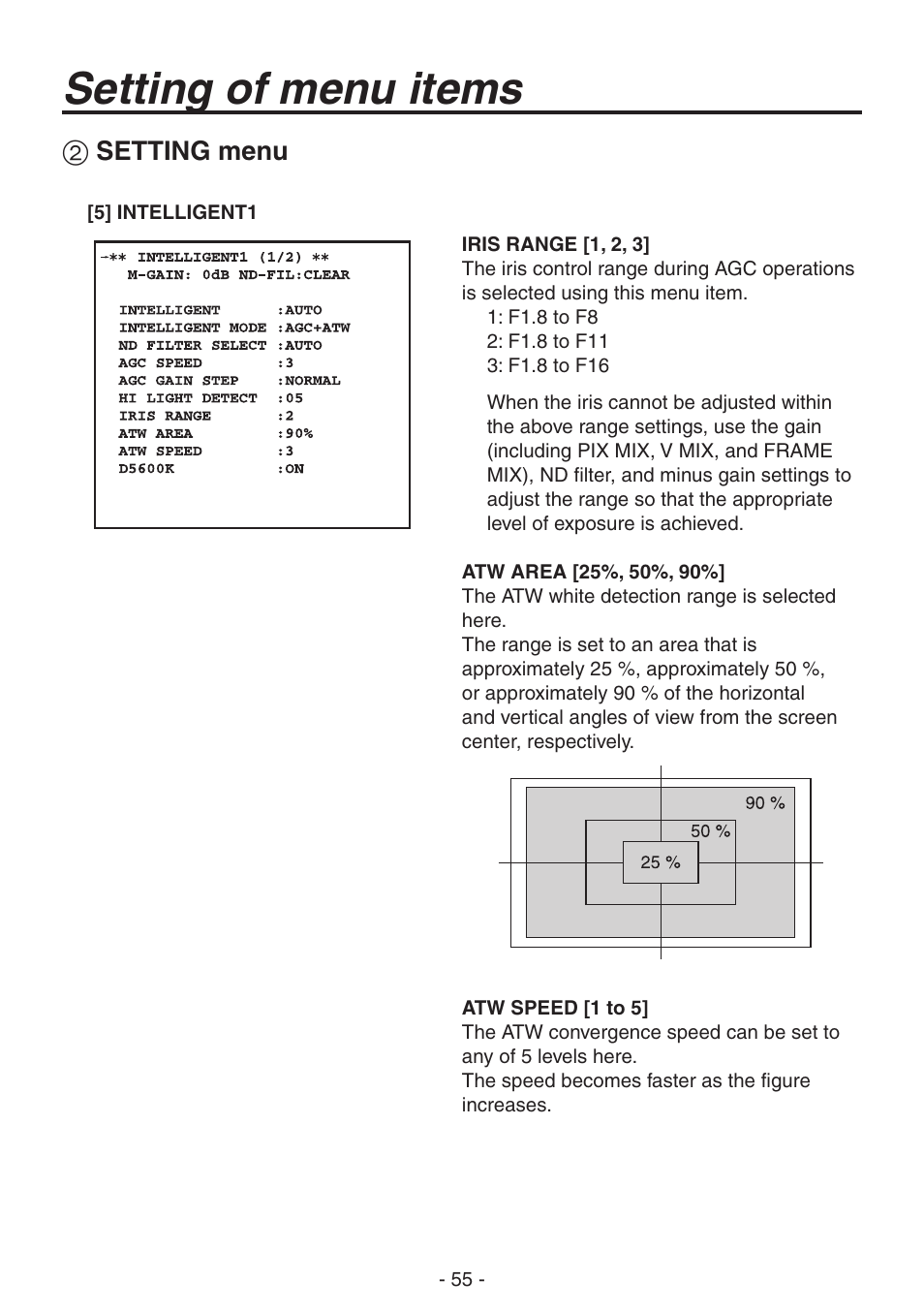 Setting of menu items | Panasonic AK-HC1800N User Manual | Page 29 / 41