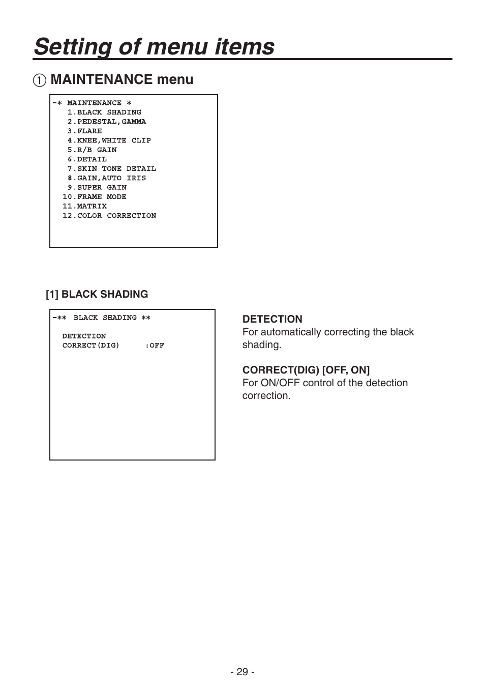 Maintenance menu, Setting of menu items | Panasonic AK-HC1800N User Manual | Page 3 / 41