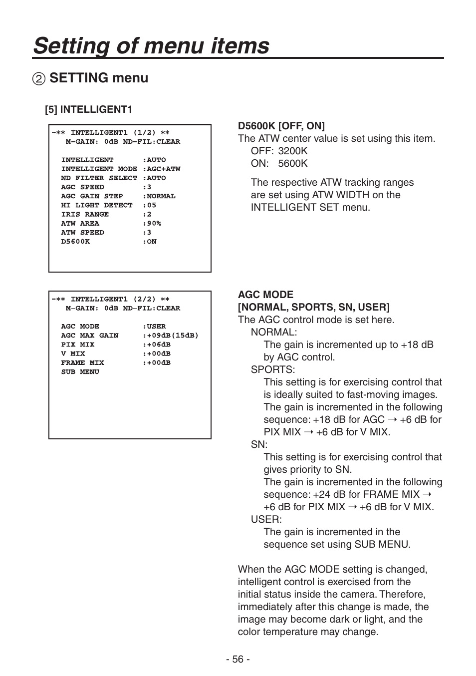 Setting of menu items, Setting menu | Panasonic AK-HC1800N User Manual | Page 30 / 41