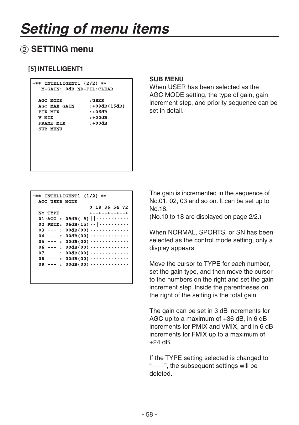 Setting of menu items, Setting menu | Panasonic AK-HC1800N User Manual | Page 32 / 41