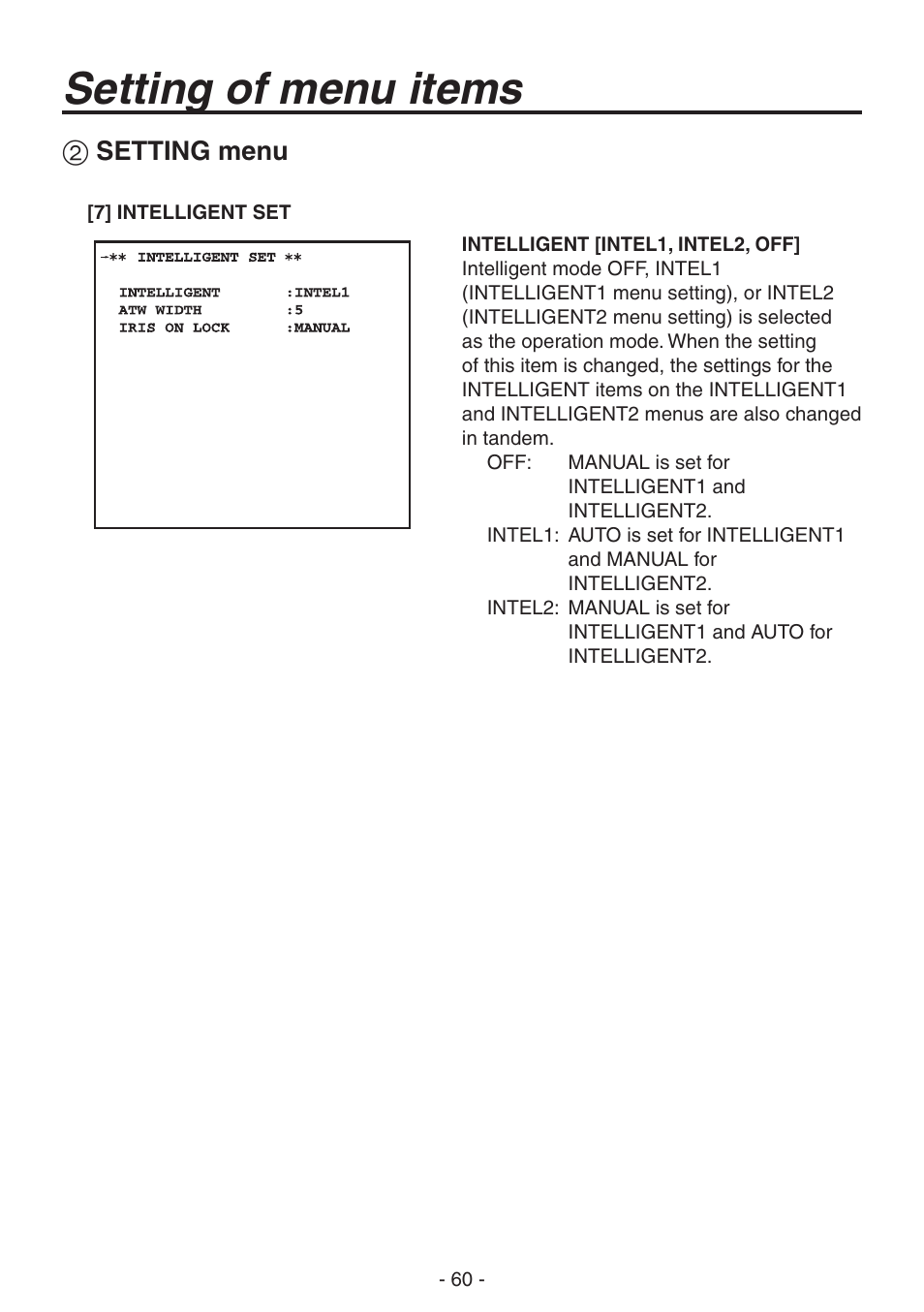 Setting of menu items, Setting menu | Panasonic AK-HC1800N User Manual | Page 34 / 41