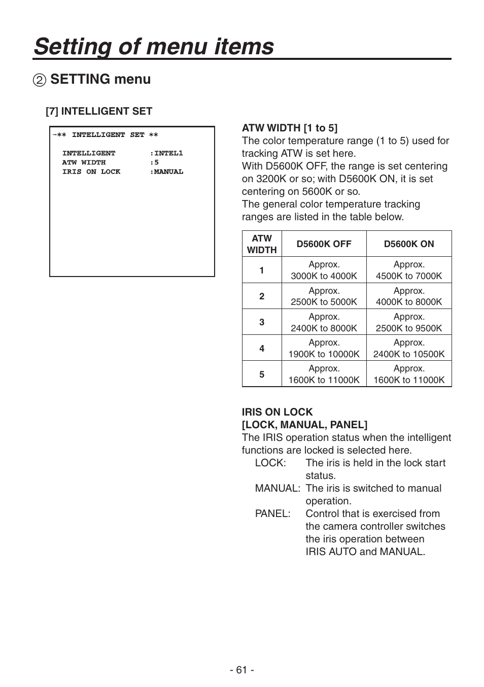 Setting of menu items, Setting menu | Panasonic AK-HC1800N User Manual | Page 35 / 41