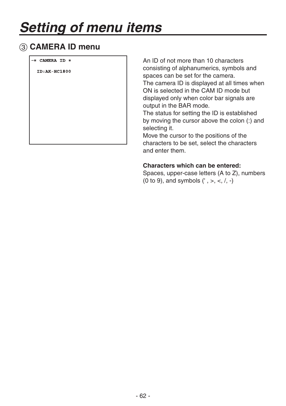 Camera id menu, Setting of menu items | Panasonic AK-HC1800N User Manual | Page 36 / 41