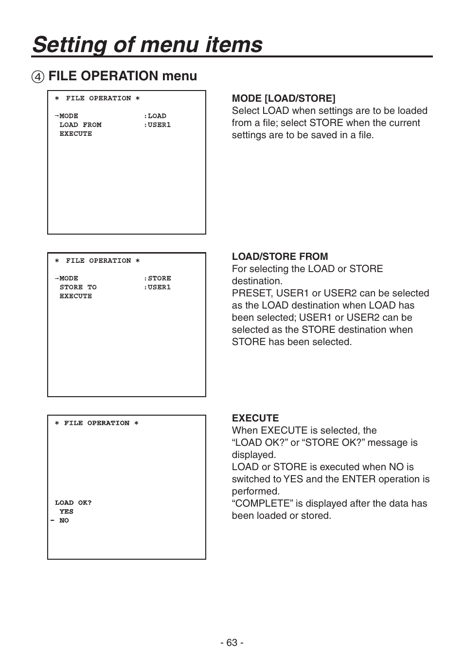 File operation menu, Setting of menu items | Panasonic AK-HC1800N User Manual | Page 37 / 41