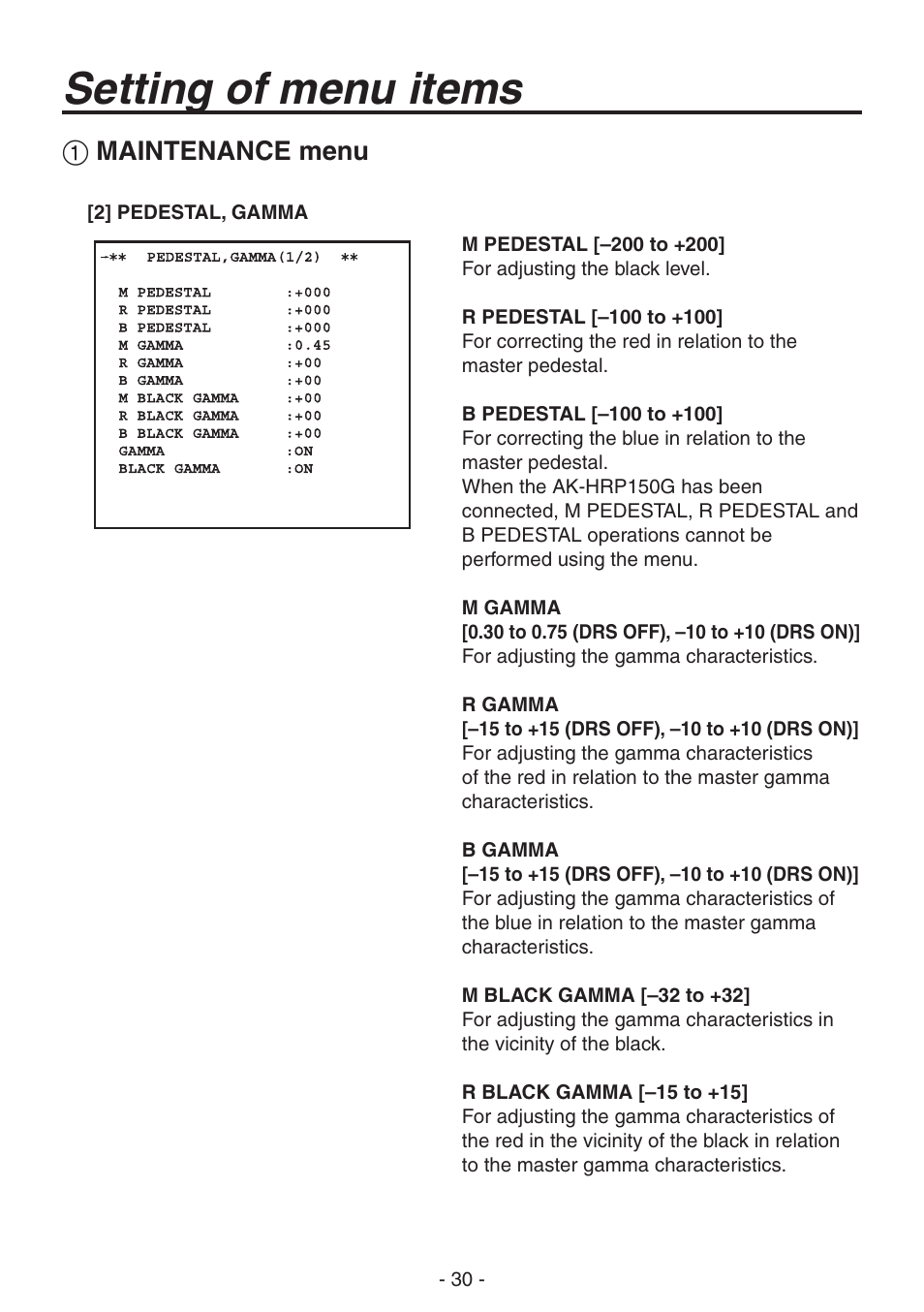 Setting of menu items, Maintenance menu | Panasonic AK-HC1800N User Manual | Page 4 / 41