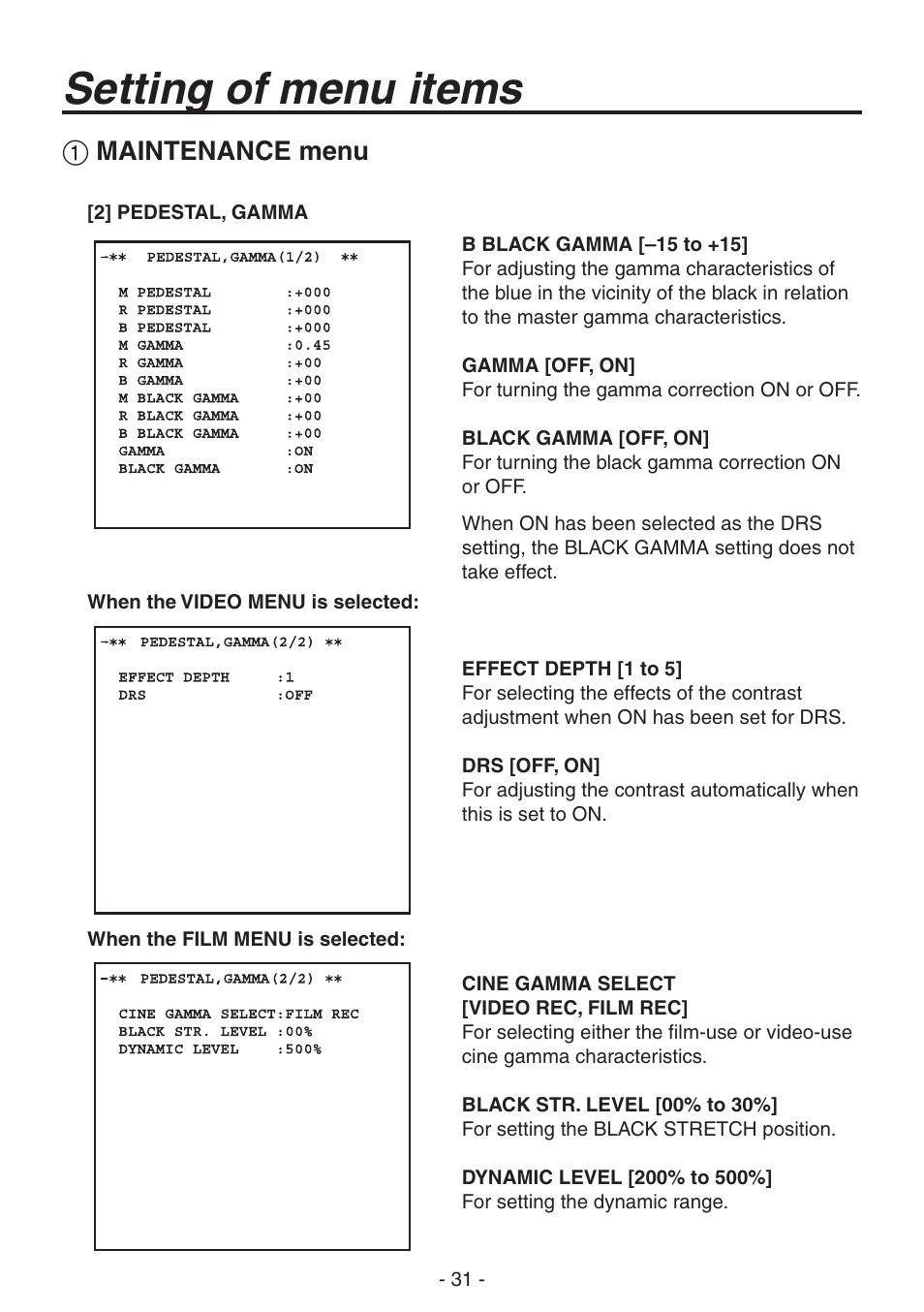 Setting of menu items, Maintenance menu | Panasonic AK-HC1800N User Manual | Page 5 / 41