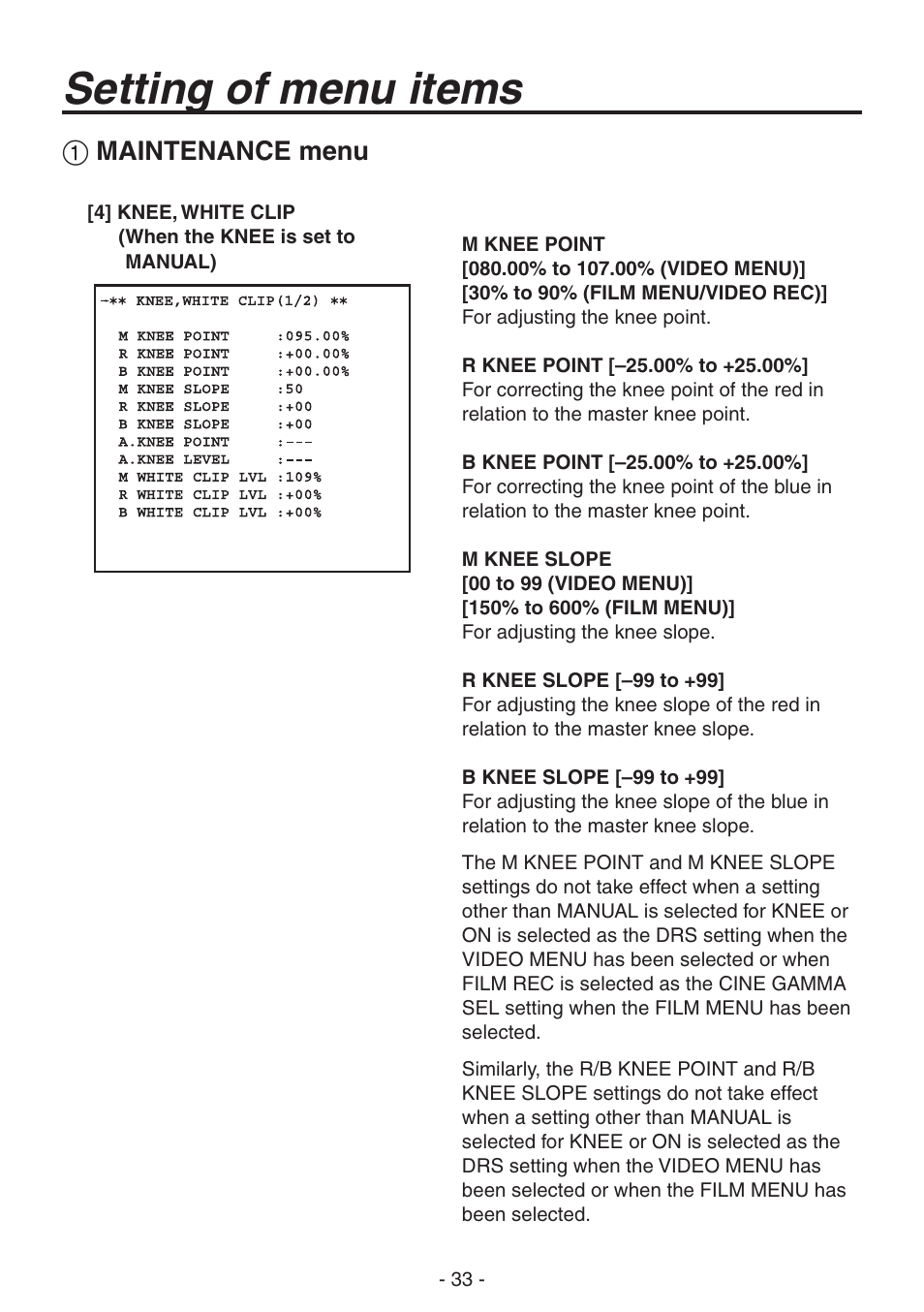 Setting of menu items, Maintenance menu | Panasonic AK-HC1800N User Manual | Page 7 / 41