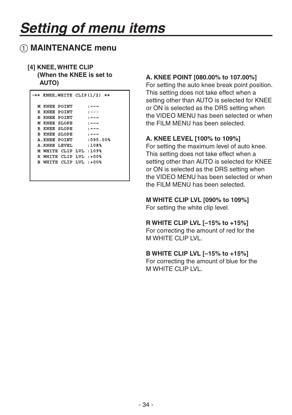 Setting of menu items, Maintenance menu | Panasonic AK-HC1800N User Manual | Page 8 / 41