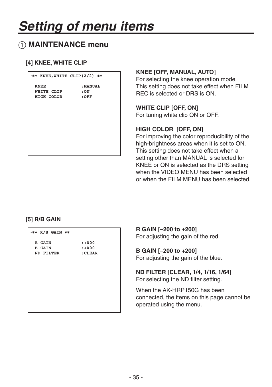 Setting of menu items, Maintenance menu | Panasonic AK-HC1800N User Manual | Page 9 / 41