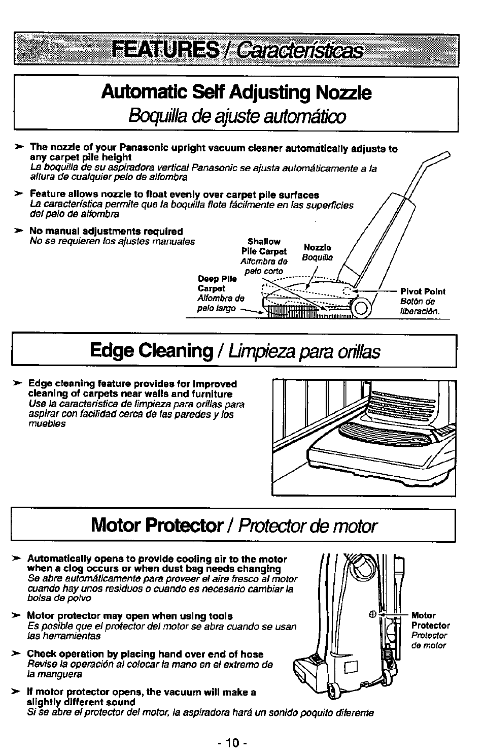 Automatic seif adjusting nozzie, Edge cleaning, Motor protector | Boquilla de ajuste automático, Limpieza para orillas, Protector de motor | Panasonic MC-V5730 User Manual | Page 10 / 24