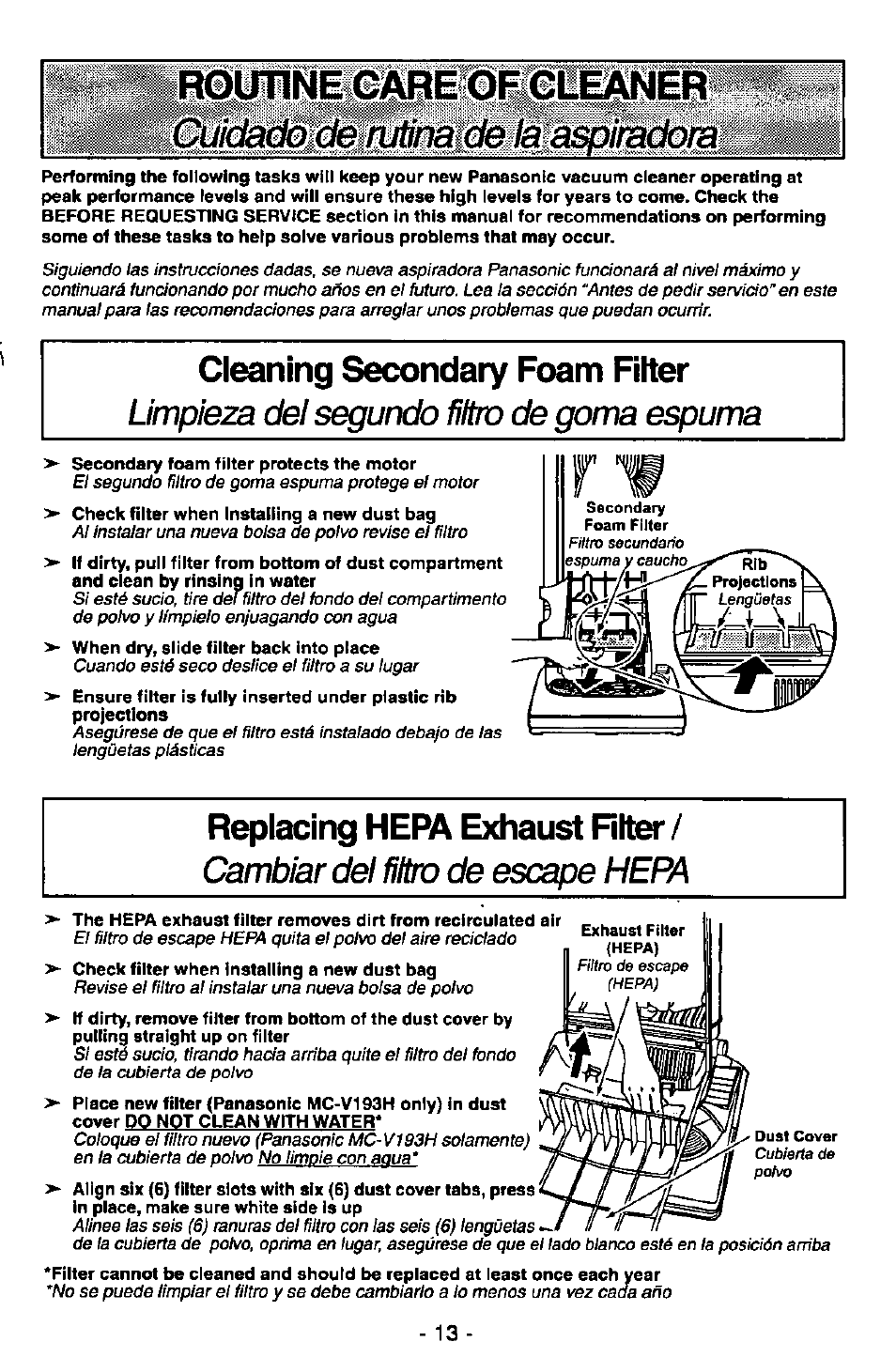 Cleaning secondary foam filter, Replacing hepa exhaust riter, Limpieza del segundo filtro de goma espuma | Cambiar del filtro de escape hepa | Panasonic MC-V5730 User Manual | Page 13 / 24