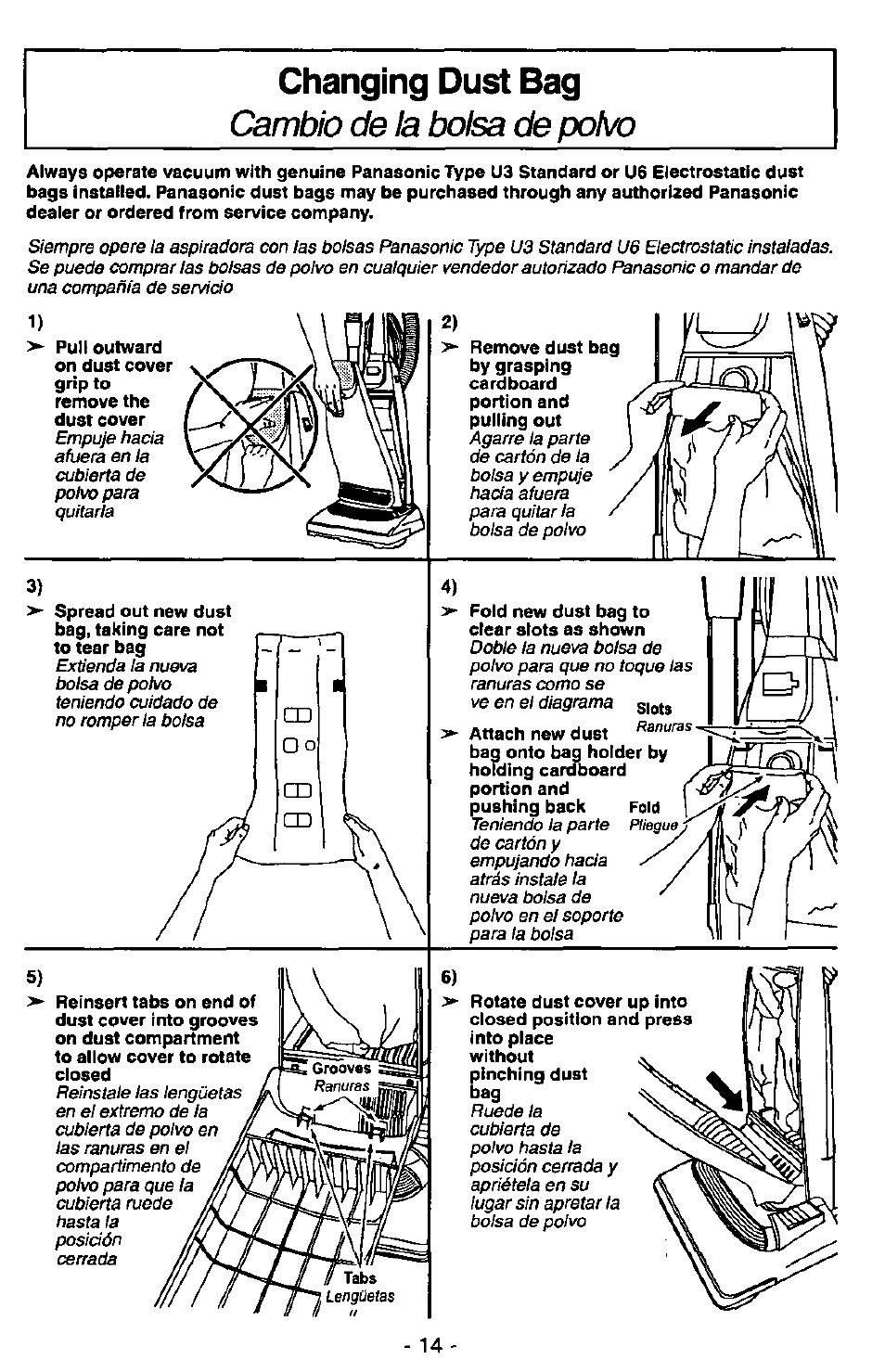 Changing dust bag, Cambio de la bolsa de ро1ю | Panasonic MC-V5730 User Manual | Page 14 / 24