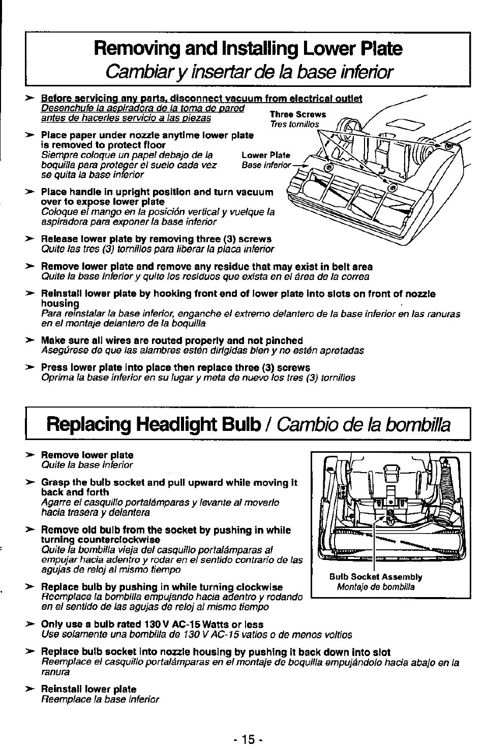 Removing and installing lower plate, Replacing headlight bulb, Cambiar y insertar de ia base inferior | Cambio de la bombilla | Panasonic MC-V5730 User Manual | Page 15 / 24