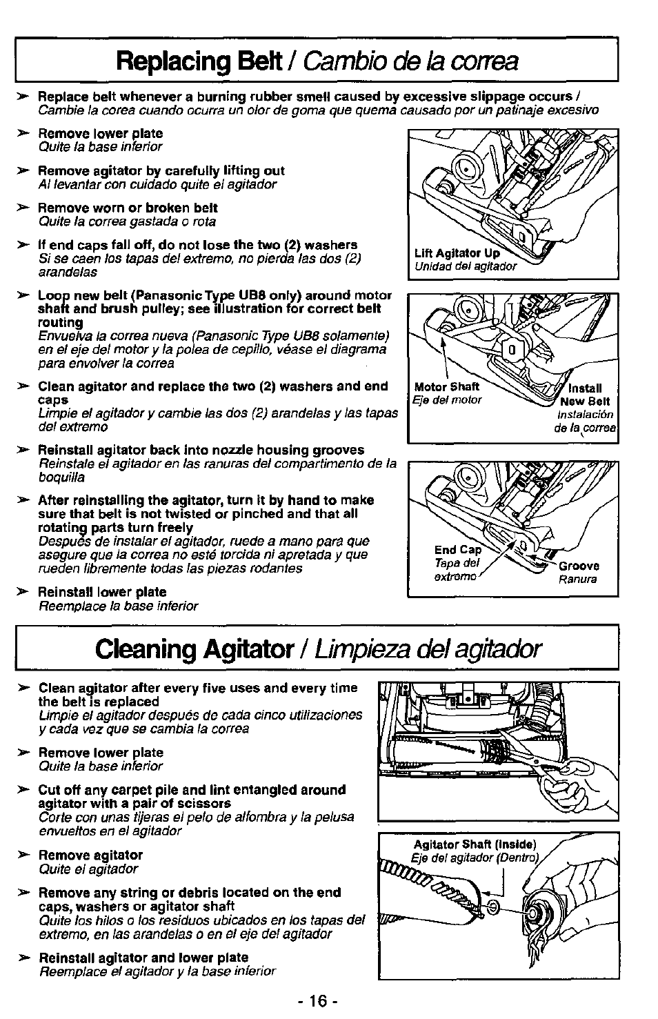 Replacing belt, Cleaning agitator, Cambio de la correa | Limpieza del agitador | Panasonic MC-V5730 User Manual | Page 16 / 24
