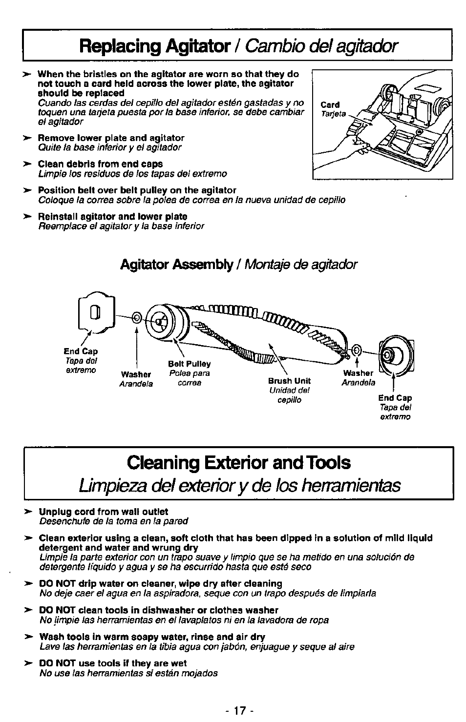 Replacing agitator, Cleaning exterior and tools, Cambb del agitador | Limpieza del exterior y de los herramientas, Agitator assembly / montaje de agitador | Panasonic MC-V5730 User Manual | Page 17 / 24