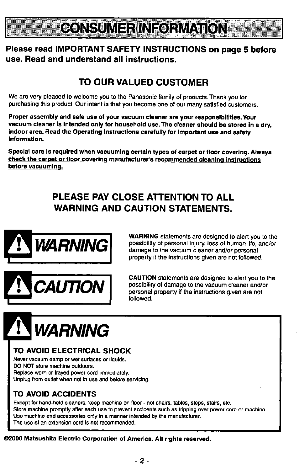 Use. read and understand all instructions, To our valued customer, Warning | Caution, Warimg | Panasonic MC-V5730 User Manual | Page 2 / 24