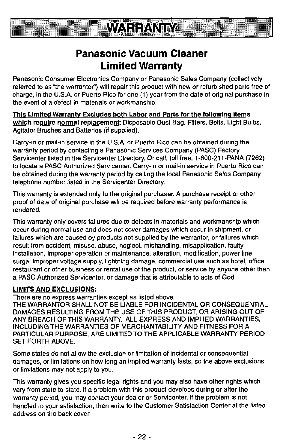 Wabri|l, Panasonic vacuum cleaner limited warranty | Panasonic MC-V5730 User Manual | Page 22 / 24