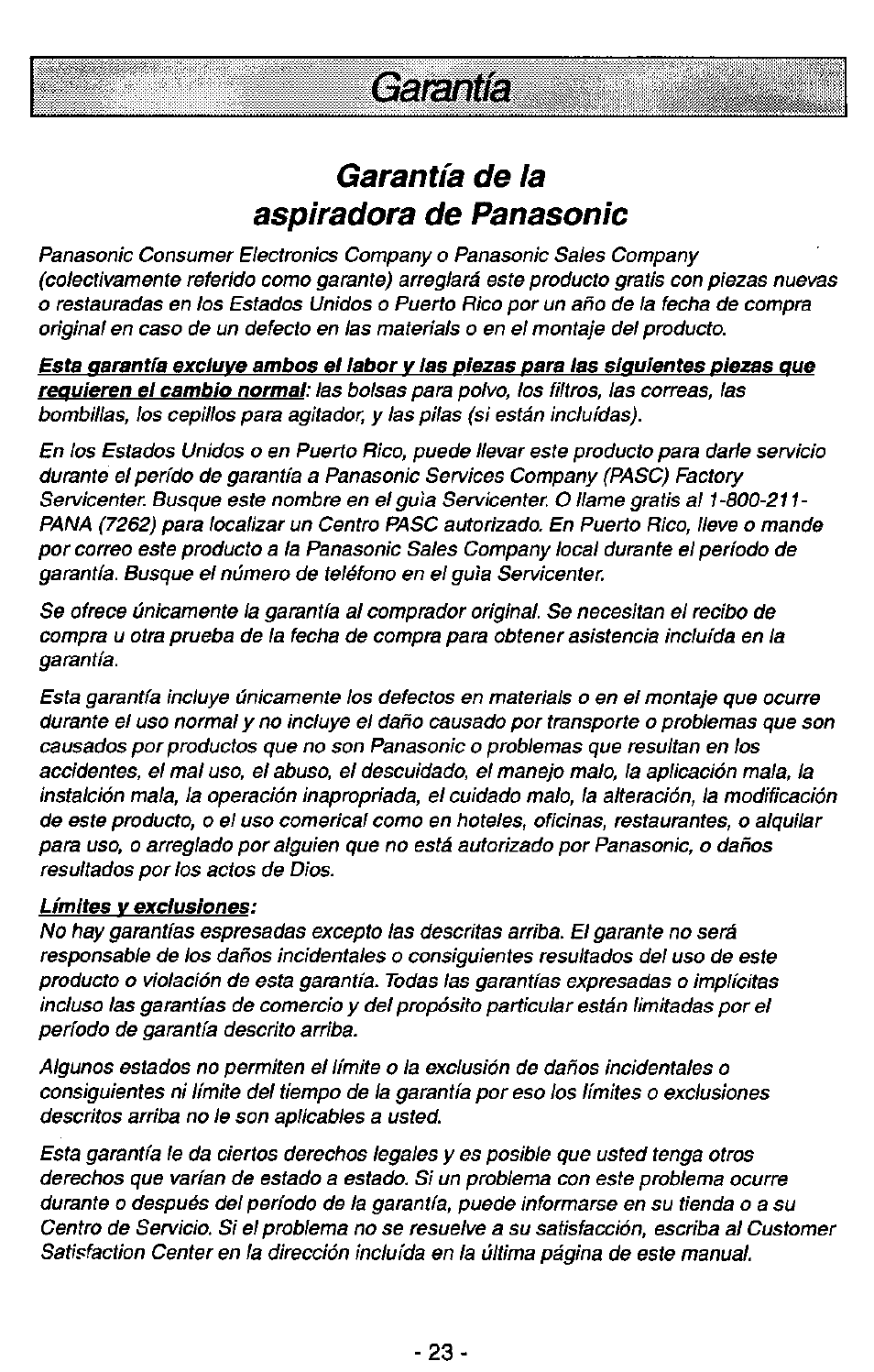 Garantía, Garantía de la aspiradora de panasonic | Panasonic MC-V5730 User Manual | Page 23 / 24