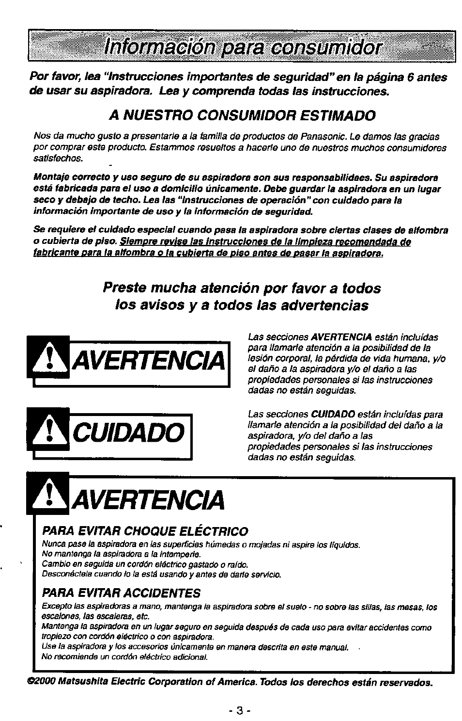 Avertencia, Cuidado, Ompar^cortsumidor | Panasonic MC-V5730 User Manual | Page 3 / 24