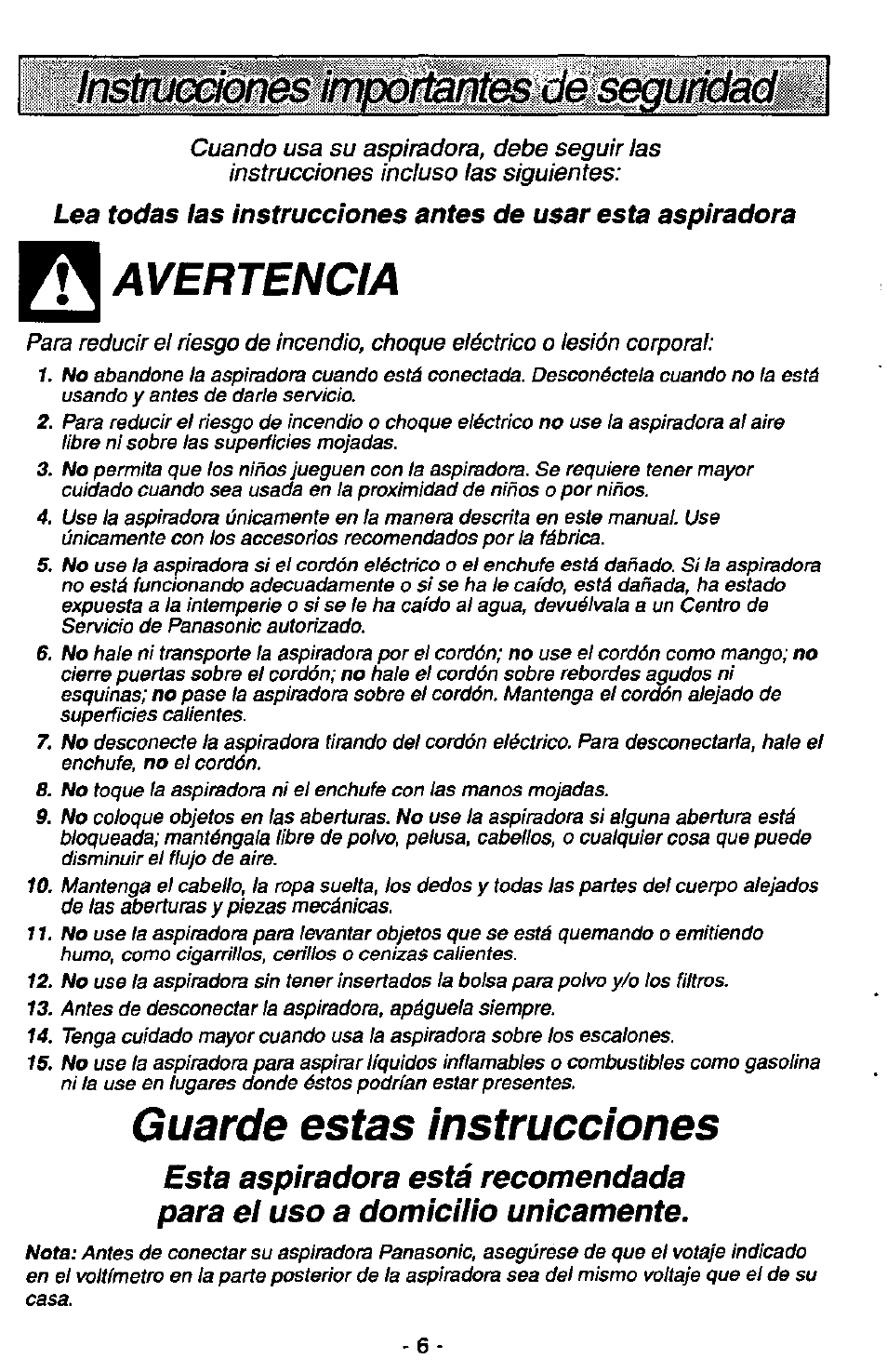 Avertencia, Guarde estas instrucciones | Panasonic MC-V5730 User Manual | Page 6 / 24