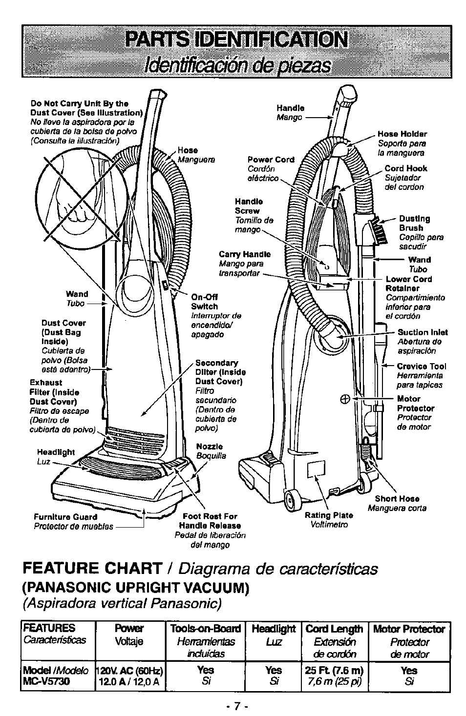 Panasonic upright vacuum), Arts ider^lficati, Diagrama de características | Feature chart | Panasonic MC-V5730 User Manual | Page 7 / 24