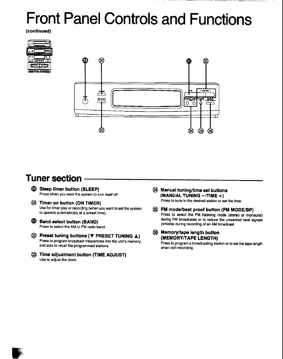 Continued), Tuner section, 0 sleep timer button (sleep) | Timer on button (on timer), 0 band select button (band), Preset tuning buttons (▼ preset tuning a), Time adjustment button (time adjust), Fm mode/beat proof button (fm mode/bp), Memory/tape length button (memory/tape length), Front panel controls and functions | Panasonic SC-CH60 User Manual | Page 10 / 60