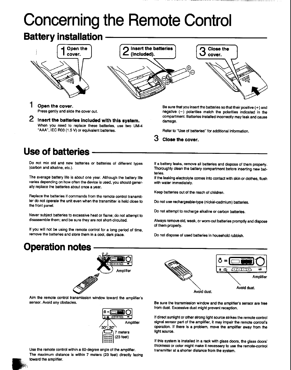 Concerning the remote control, Battery installation, 1 open the cover | 2 insert the batteries included with this system, 3 close the cover, Use of batteries, Operation notes, Battery installation use of batteries, 5 