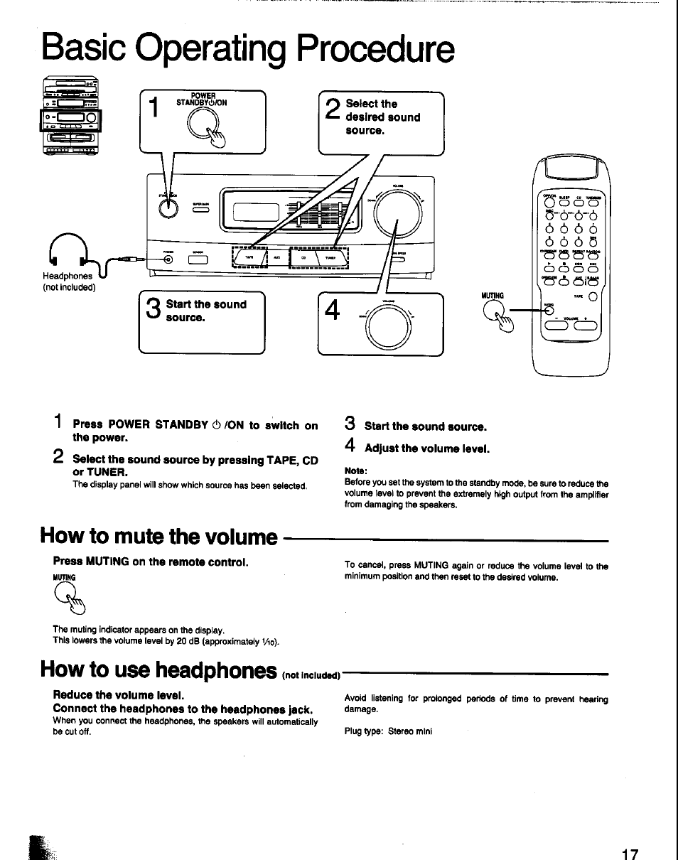 Basic operating procedure, How to mute the volume, Press muting on the remote control | How to use headphones, 3 start the sound source, 4 adjust the volume level, Reduce the volume level, Connect the headphones to the headphones jack, How to mute the volume how to use headphones | Panasonic SC-CH60 User Manual | Page 17 / 60