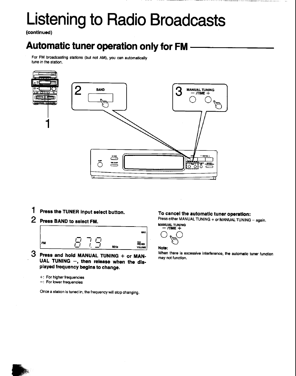 Automatic tuner operation oniy for fm, 1 press the tuner input select button, 2 press band to select fm | To cancel the automatic tuner operation, Automatic tuner operation only for fm, Listening to radio broadcasts, L__ lul | Panasonic SC-CH60 User Manual | Page 20 / 60
