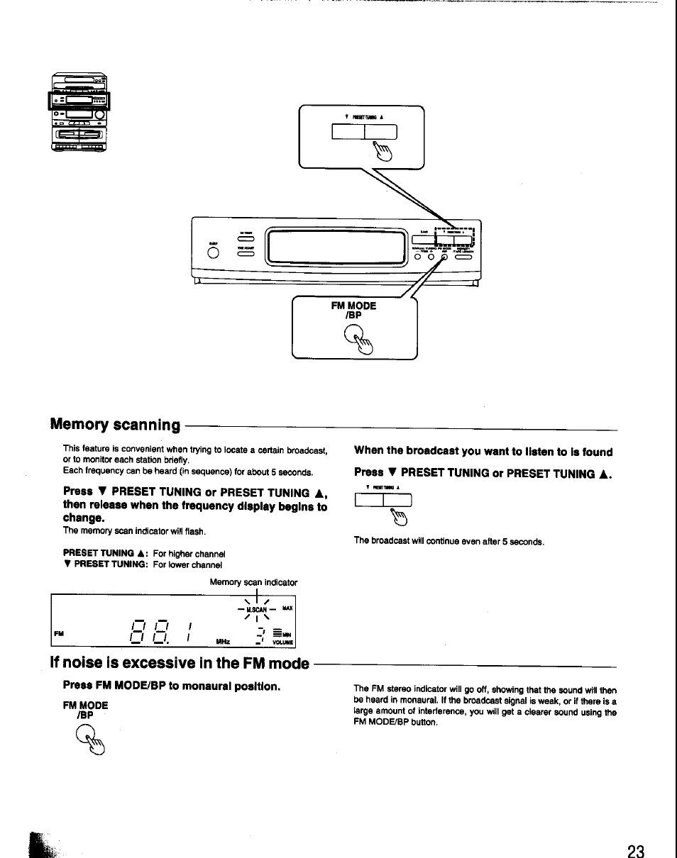 Memory scanning, If noise is excessive in the fm mode, Press fm mode/bp to monaural position | Panasonic SC-CH60 User Manual | Page 23 / 60