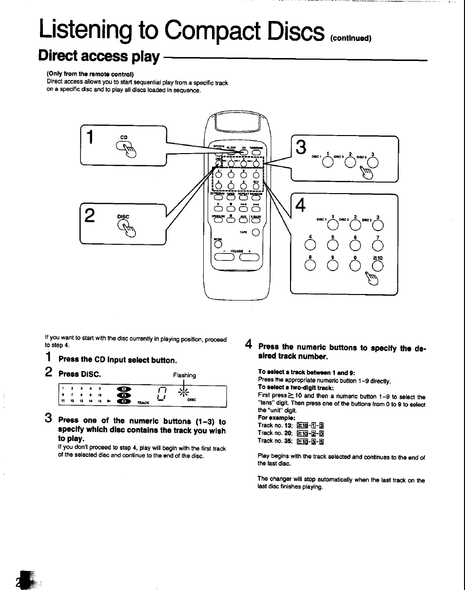 Direct access play, 1 press the cd input select button, 2 press disc. flashing | Listening to compact discs | Panasonic SC-CH60 User Manual | Page 26 / 60
