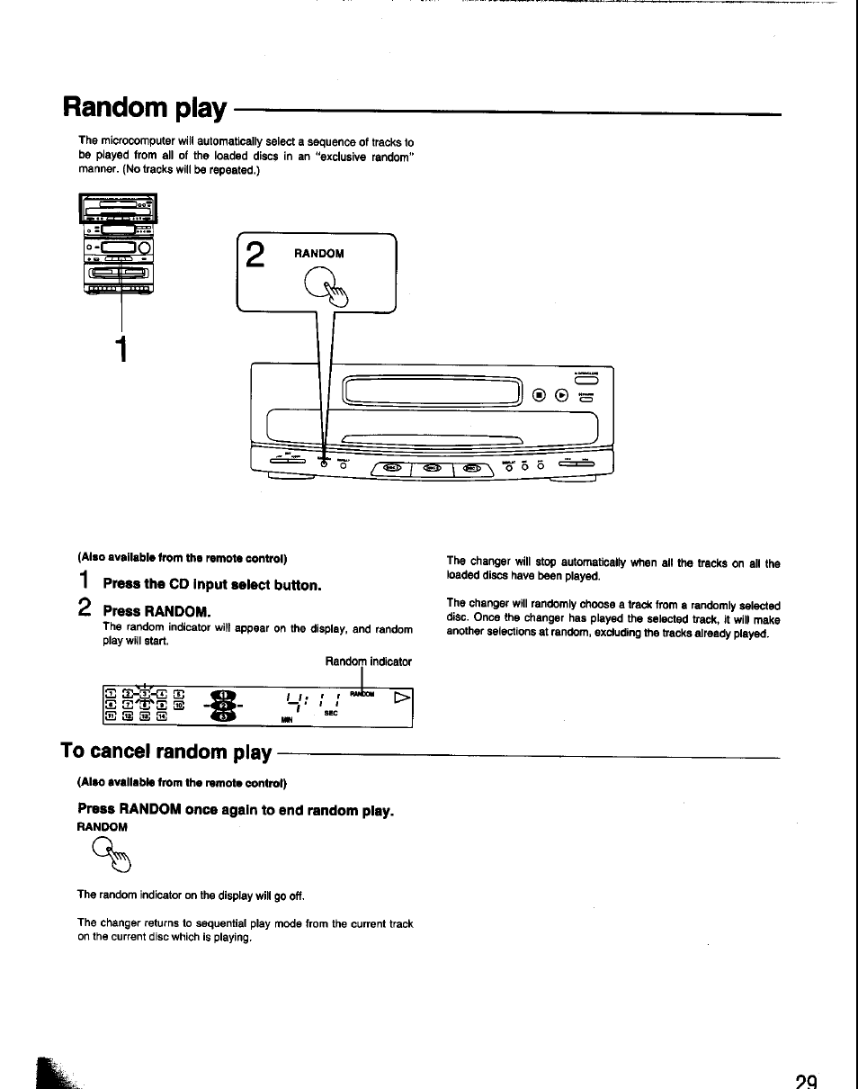 Random play, 1 press the cd input select button, 2 press random | To cancel random play, Press random once again to end random play | Panasonic SC-CH60 User Manual | Page 29 / 60