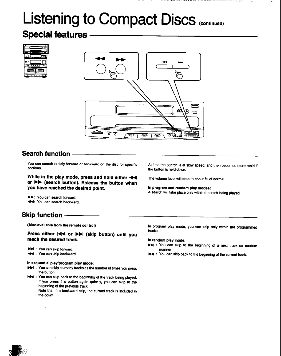 Special features, Search function, Skip function | Listening to compact discs, O-czzdo | Panasonic SC-CH60 User Manual | Page 30 / 60